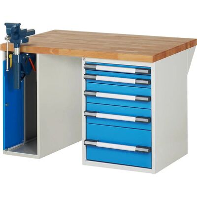 Banco da lavoro Serie 7000 Eurokraft Pro - Sistema modulare, 5 cassetti, vite da banco a sinistra Banco da lavoro Serie 7000 Eurokraft Pro - Sistema modulare, 5 cassetti, vite da banco a sinistra