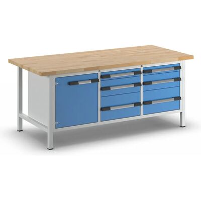 Eurokraft pro Werkbank - Verstellbare Tiefe, 6 Schubladen, Eichenplatte Eurokraft pro Werkbank - Verstellbare Tiefe, 6 Schubladen, Eichenplatte