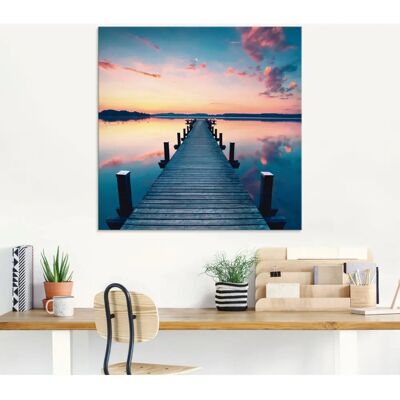 ARTLAND Blauwasser Glasbild - Langer Pier am See im Sonnenaufgang - Zeitgenössische Wandkunst ARTLAND Blauwasser Glasbild - Langer Pier am See im Sonnenaufgang - Zeitgenössische Wandkunst