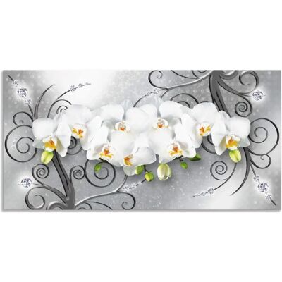 ARTLAND Weiße Orchideen auf Ornamenten - Wandbild Grau ARTLAND Weiße Orchideen auf Ornamenten - Wandbild Grau