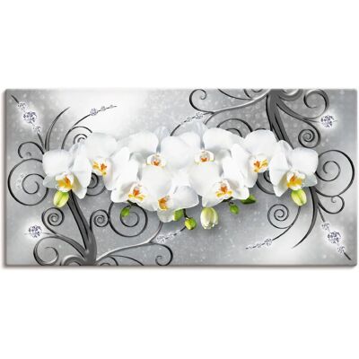 ARTLAND - weiße Orchideen auf Ornamenten - 40x20 cm - grau - Wall Art ARTLAND - weiße Orchideen auf Ornamenten - 40x20 cm - grau - Wall Art