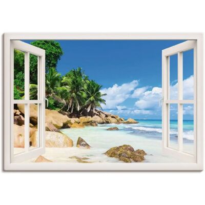 ARTLAND Blau Küsten-Palmen-Fenster Wandbild - 130x90cm - Landschaft ARTLAND Blau Küsten-Palmen-Fenster Wandbild - 130x90cm - Landschaft