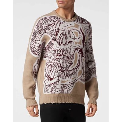 Philipp Plein - Skull Lambswool - Beige - 2XL - Trui Philipp Plein - Skull Lambswool - Beige - 2XL - Trui