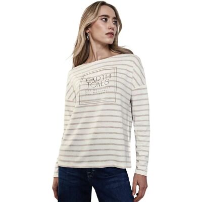 STREET ONE Pull en coton rayé beige pour femme STREET ONE Pull en coton rayé beige pour femme