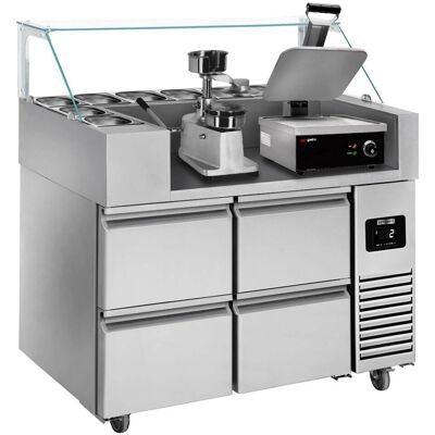 GGM Gastro - Voorbereidingstafel - 1210 mm - 4 lades - voor 9 x GN 1/6 - incl. contactgrill & hamburgermachine GGM Gastro - Voorbereidingstafel - 1210 mm - 4 lades - voor 9 x GN 1/6 - incl. contactgrill & hamburgermachine