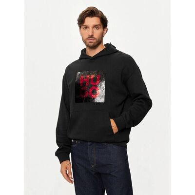 HUGO Deseqino Bluza z kapturem - Luźny krój, Etykieta, Czarny HUGO Deseqino Bluza z kapturem - Luźny krój, Etykieta, Czarny