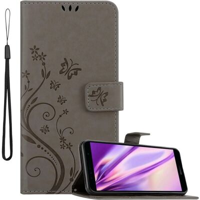 Honor Huawei Y6 2018 Blumen Grau Buchhülle mit Kartenfächern Honor Huawei Y6 2018 Blumen Grau Buchhülle mit Kartenfächern