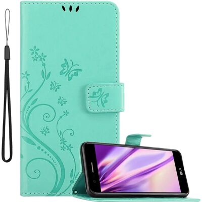 Cadorabo Türkis Blumen Handyhülle mit Kartenfach & Ständer - LG K10 2018 / K11 / K11 PLUS Cadorabo Türkis Blumen Handyhülle mit Kartenfach & Ständer - LG K10 2018 / K11 / K11 PLUS
