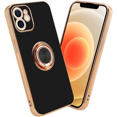 Coque brillante noire pour iPhone 12 avec anneau et protection caméra - Publicité Coque brillante noire pour iPhone 12 avec anneau et protection caméra - Publicité