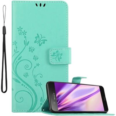 Cadorabo - Xperia XZ1 COMPACT Geldbörse Hülle - Floral Türkis - Kartenfächer - Wallet Case Cadorabo - Xperia XZ1 COMPACT Geldbörse Hülle - Floral Türkis - Kartenfächer - Wallet Case