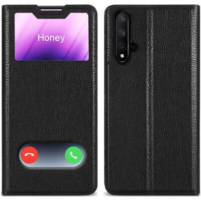 Honor 20 / 20S / Huawei NOVA 5T Tasche mit 2 Fenstern - Schwarz Honor 20 / 20S / Huawei NOVA 5T Tasche mit 2 Fenstern - Schwarz