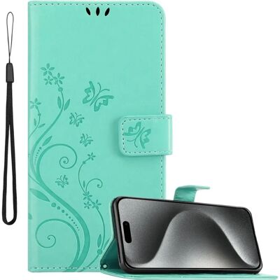 Cadorabo iPhone 16 Pro Max - Türkis - Floral - Kartenfächer Case Cadorabo iPhone 16 Pro Max - Türkis - Floral - Kartenfächer Case