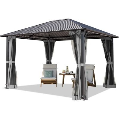 Toolport - Gazebo da Giardino 3x3,65 m con Tetto in Acciaio e Tende Grigie Toolport - Gazebo da Giardino 3x3,65 m con Tetto in Acciaio e Tende Grigie