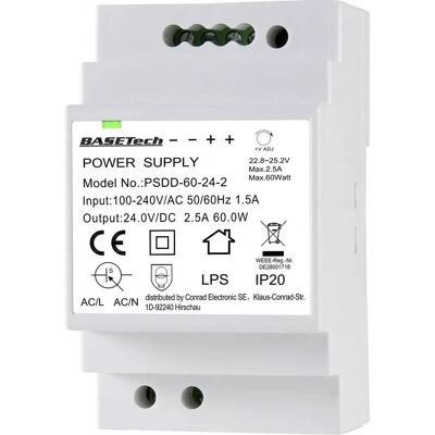 Alimentation Basetech PSDD-60-24-2 - 2 sorties - 60W Rail DIN - Publicité Alimentation Basetech PSDD-60-24-2 - 2 sorties - 60W Rail DIN - Publicité