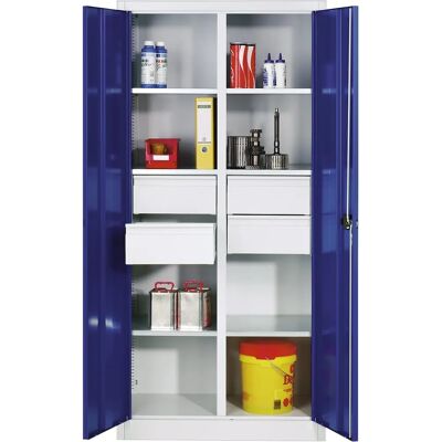 Armoire en acier C+P - 6 étagères, 4 tiroirs - Bleu et gris - Publicité Armoire en acier C+P - 6 étagères, 4 tiroirs - Bleu et gris - Publicité