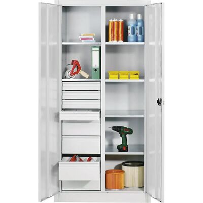 Armoire en acier C+P - 6 étagères, 8 tiroirs, Gris clair - Publicité Armoire en acier C+P - 6 étagères, 8 tiroirs, Gris clair - Publicité