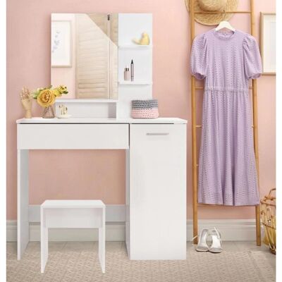 Biały Stół do Makijażu ML-Design z Lustrem i Siedziskiem - 90x38x138 cm Biały Stół do Makijażu ML-Design z Lustrem i Siedziskiem - 90x38x138 cm