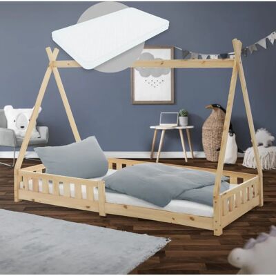 ML-Design Kinderbed Tipi van Natuurlijk dennenhout - Veiligheidshek 90x200 ML-Design Kinderbed Tipi van Natuurlijk dennenhout - Veiligheidshek 90x200