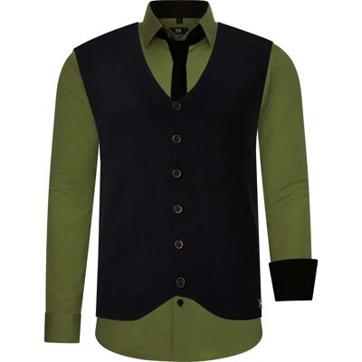 RUSTY NEAL Heren Langarm Kaki Overhemd met Gilet & Stropdas - Overhemd RUSTY NEAL Heren Langarm Kaki Overhemd met Gilet & Stropdas - Overhemd