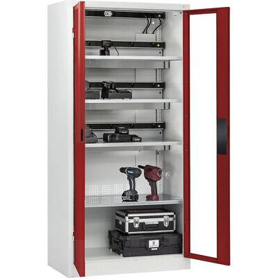 Armoire de charge de batteries C+P Comfort - Portes en verre acrylique, Gris clair / Rouge rubis - Publicité Armoire de charge de batteries C+P Comfort - Portes en verre acrylique, Gris clair / Rouge rubis - Publicité