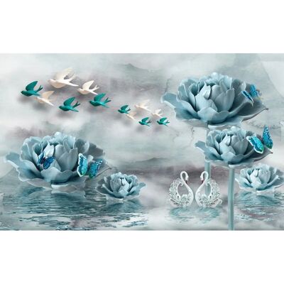 PAPERMOON Blumen mit Vögeln weiß blau Fototapete - Tapete PAPERMOON Blumen mit Vögeln weiß blau Fototapete - Tapete