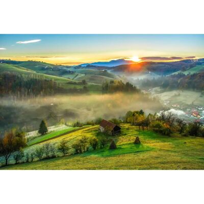 PAPERMOON Landschafts-Wandbild - Panorama Dorf Wald Nebel Sonne PAPERMOON Landschafts-Wandbild - Panorama Dorf Wald Nebel Sonne