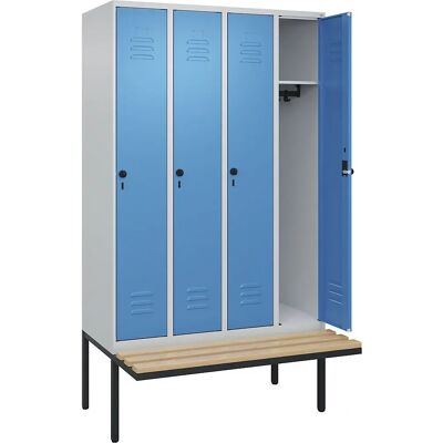 C+P Schließfach PLUS mit Bank, 4 Fächer, Hellgrau / Hellblau - Schrank C+P Schließfach PLUS mit Bank, 4 Fächer, Hellgrau / Hellblau - Schrank