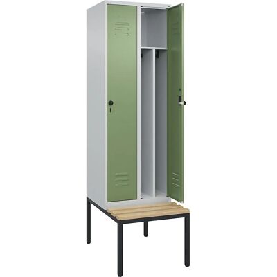 C+P Schließfach Classic PLUS mit Bank, 2 Fächer, kurze Trennwand, hellgrau / resedagrün - Schließfach C+P Schließfach Classic PLUS mit Bank, 2 Fächer, kurze Trennwand, hellgrau / resedagrün - Schließfach