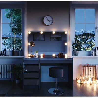 Vicco - Coiffeuse Sherry Noir Brillant avec Tabouret et Éclairage LED - Publicité Vicco - Coiffeuse Sherry Noir Brillant avec Tabouret et Éclairage LED - Publicité