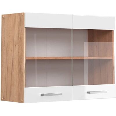 Vicco Armario de cocina con vidrio R-Line - Blanco alto brillo / Roble dorado - 80cm Vicco Armario de cocina con vidrio R-Line - Blanco alto brillo / Roble dorado - 80cm