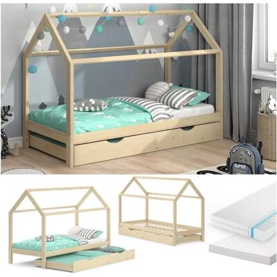 Lit en forme de maison en bois Vitalispa - Pin naturel, 90x200 cm, 2 matelas - Publicité Lit en forme de maison en bois Vitalispa - Pin naturel, 90x200 cm, 2 matelas - Publicité