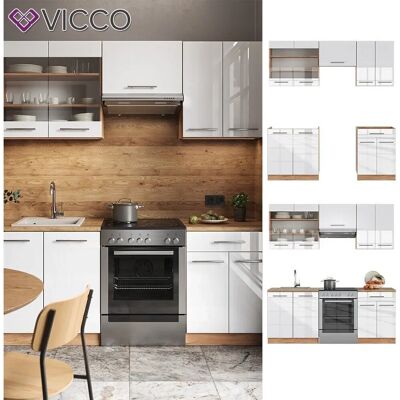 Vicco - Mueble de cocina Fame-Line 200cm Blanco brillo intenso/roble dorado - Mueble de cocina Vicco - Mueble de cocina Fame-Line 200cm Blanco brillo intenso/roble dorado - Mueble de cocina