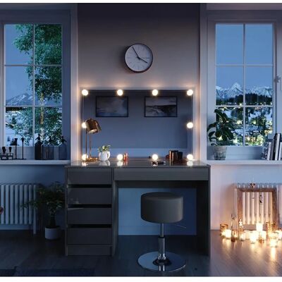 Vicco - Tavolo da trucco Sherry grigio lucido con sgabello e illuminazione a LED Vicco - Tavolo da trucco Sherry grigio lucido con sgabello e illuminazione a LED