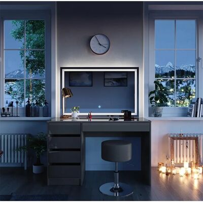 Vicco - Tocador Sherry gris alto brillo con espejo LED y taburete Vicco - Tocador Sherry gris alto brillo con espejo LED y taburete