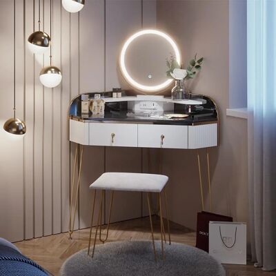 Vicco Amira Eckschminktisch - LED-Spiegel, 2 Schubladen, Hocker, USB Vicco Amira Eckschminktisch - LED-Spiegel, 2 Schubladen, Hocker, USB