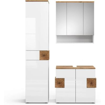 Conjunto de muebles de baño Vicco Eden - Blanco alto brillo / Roble artesanal - 3 piezas Conjunto de muebles de baño Vicco Eden - Blanco alto brillo / Roble artesanal - 3 piezas