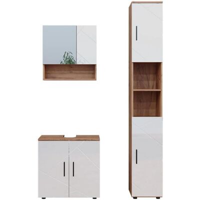 Conjunto de muebles de baño Vicco - Irma, Blanco brillante/Roble oscuro, 3 piezas - Armario alto Conjunto de muebles de baño Vicco - Irma, Blanco brillante/Roble oscuro, 3 piezas - Armario alto