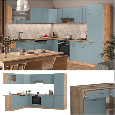Vicco - Cocina esquina - 227x287 cm - Azul grisáceo / Roble dorado - En forma de L Vicco - Cocina esquina - 227x287 cm - Azul grisáceo / Roble dorado - En forma de L