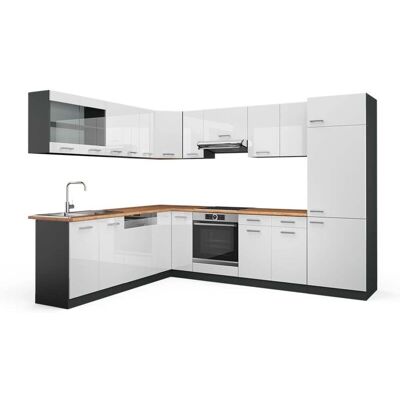 Cocina Esquinera Vicco - 227x287cm, Blanco Brillo / Antracita - Forma de L Cocina Esquinera Vicco - 227x287cm, Blanco Brillo / Antracita - Forma de L