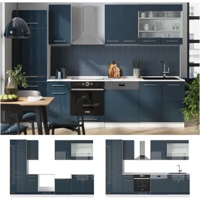 Gabinete de cocina Fame-Line azul oscuro brillante - 300cm Gabinete de cocina Fame-Line azul oscuro brillante - 300cm