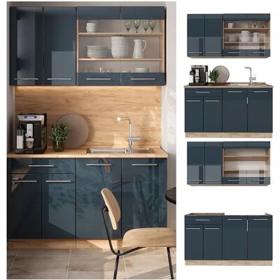 Vicco - Cocina para solteros Fame-Line - Azul oscuro alto brillo/roble dorado - 140cm - Mármol Vicco - Cocina para solteros Fame-Line - Azul oscuro alto brillo/roble dorado - 140cm - Mármol