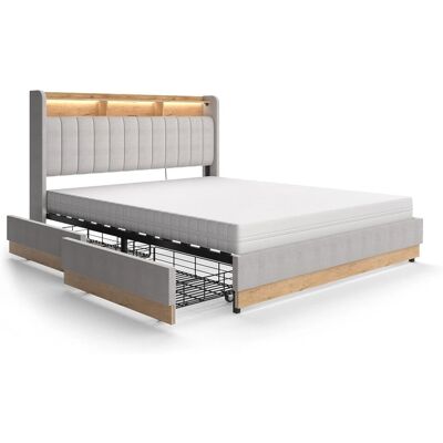 Lit double gris Nura avec USB, LED, Matelas - Lit - Publicité Lit double gris Nura avec USB, LED, Matelas - Lit - Publicité