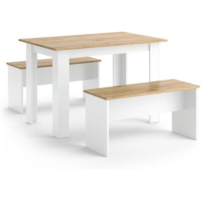 Ensemble de Salle à Manger Vicco Sentio - Chêne blanc/or gris - 112x73.6 cm avec 2 bancs - Publicité Ensemble de Salle à Manger Vicco Sentio - Chêne blanc/or gris - 112x73.6 cm avec 2 bancs - Publicité
