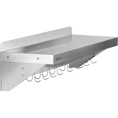 Estante de pared de acero inoxidable Mahlzeit - 90x30cm - Estante colgante plegable con riel de ganchos Estante de pared de acero inoxidable Mahlzeit - 90x30cm - Estante colgante plegable con riel de ganchos
