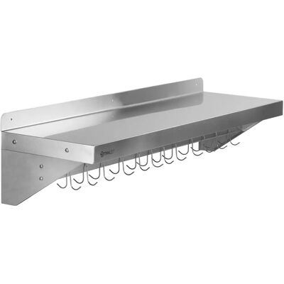 Estante de pared de acero inoxidable Mahlzeit 120x30cm - Estante colgante plegable con riel de ganchos Estante de pared de acero inoxidable Mahlzeit 120x30cm - Estante colgante plegable con riel de ganchos