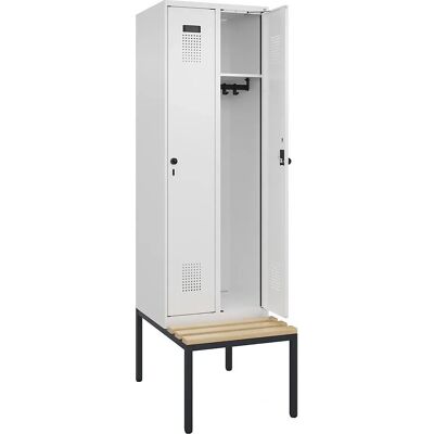 Casier Evolo PLUS - Blanc, 2 sections, 600mm, verrou de sécurité, avec banc Casier Evolo PLUS - Blanc, 2 sections, 600mm, verrou de sécurité, avec banc