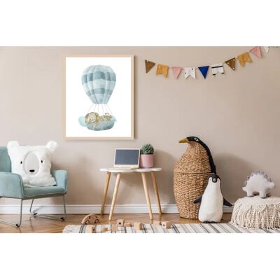 LÜTTENHÜTT - Schlafender Hase in Heißluftballon - bunt - beige Rahmen - Framed Picture LÜTTENHÜTT - Schlafender Hase in Heißluftballon - bunt - beige Rahmen - Framed Picture