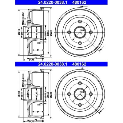 Opel Vauxhall 200mm Bremstrommel - 4-Loch M12x1.5 Opel Vauxhall 200mm Bremstrommel - 4-Loch M12x1.5