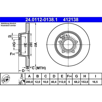 Ate Bremsscheibe - 280mm, 12mm, belüftet, 5 Löcher - für VW Transporter Ate Bremsscheibe - 280mm, 12mm, belüftet, 5 Löcher - für VW Transporter