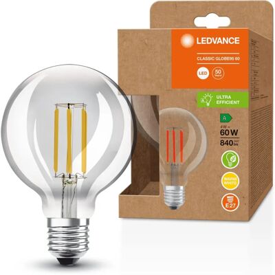 Osram E27 Besonders effiziente LED-Lampe Globe 95 klar 4W wie 60W 3000K warmweißes Licht für das Zuhause Osram E27 Besonders effiziente LED-Lampe Globe 95 klar 4W wie 60W 3000K warmweißes Licht für das Zuhause